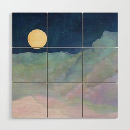 Midnight Pastel Mountain, Moon, Stars Wood Wall Art