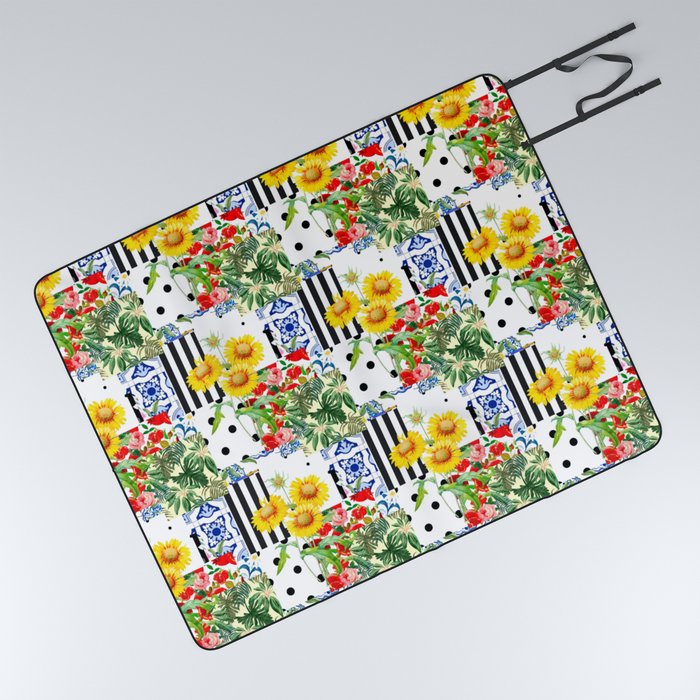 Italian,Sicilian art,patchwork,summer Flowers Picnic Blanket