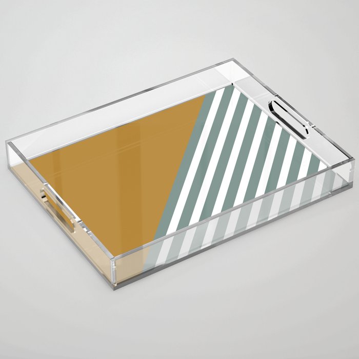 Geometric Art Color Block and Stripes Yellow, Teal Green and White Acrylic Tray