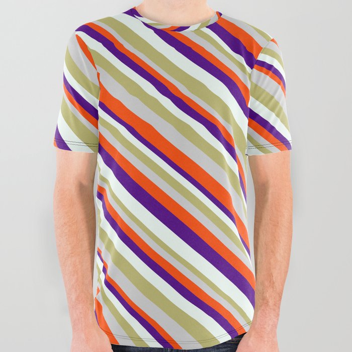 Eye-catching Dark Khaki, Light Gray, Red, Indigo, and Mint Cream Colored Striped Pattern All Over Graphic Tee