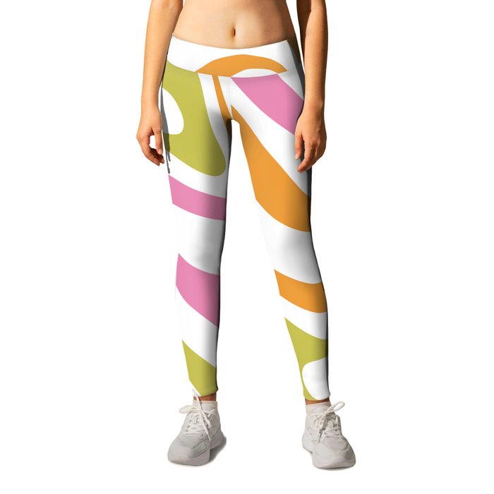 New Groove Trippy Retro 60s 70s Colorful Swirl Abstract Pattern Pink Lime Green Orange on White Leggings