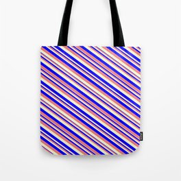 [ Thumbnail: Blue, Light Coral, and Light Yellow Colored Stripes Pattern Tote Bag ]