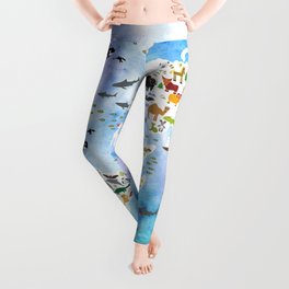 Cartoon animal world map, back to school. Animals from all over the world, blue watercolour watercolor Leggings