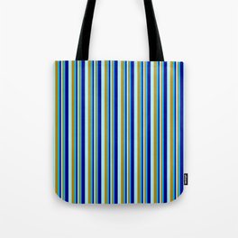 [ Thumbnail: Deep Sky Blue, Dark Goldenrod, Turquoise & Dark Blue Colored Striped/Lined Pattern Tote Bag ]