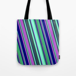 [ Thumbnail: Eyecatching Sea Green, Aquamarine, Dark Slate Gray, Orchid, and Blue Colored Lines Pattern Tote Bag ]