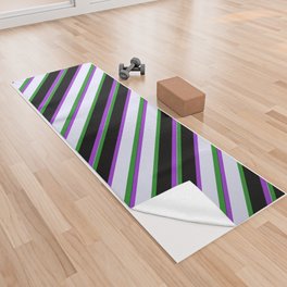 [ Thumbnail: Forest Green, Lavender, Dark Orchid, and Black Colored Striped Pattern Yoga Towel ]