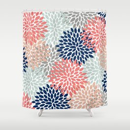 Floral Bloom Print, Living Coral, Pale Aqua Blue, Gray, Navy Shower Curtain
