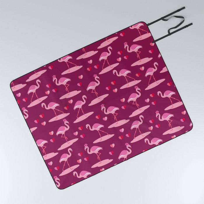 Valentine's Flamingos in love burgundy pattern Picnic Blanket