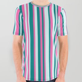 [ Thumbnail: Hot Pink, Dark Cyan & Light Cyan Colored Lines Pattern All Over Graphic Tee ]