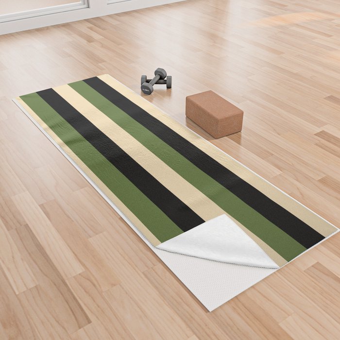 Dark Olive Green, Tan & Black Colored Striped/Lined Pattern Yoga Towel