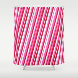 [ Thumbnail: Hot Pink, Crimson, and Light Cyan Colored Lines Pattern Shower Curtain ]