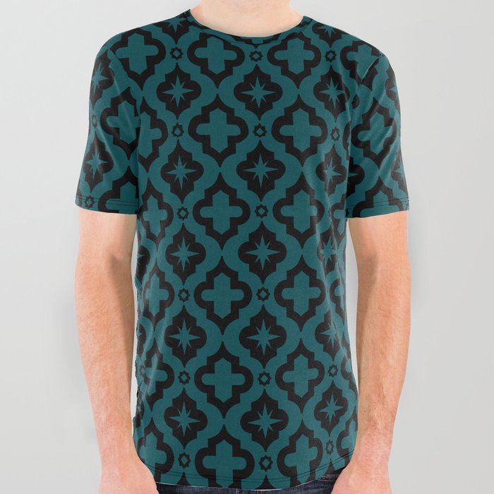 Teal Blue and Black Ornamental Arabic Pattern All Over Graphic Tee