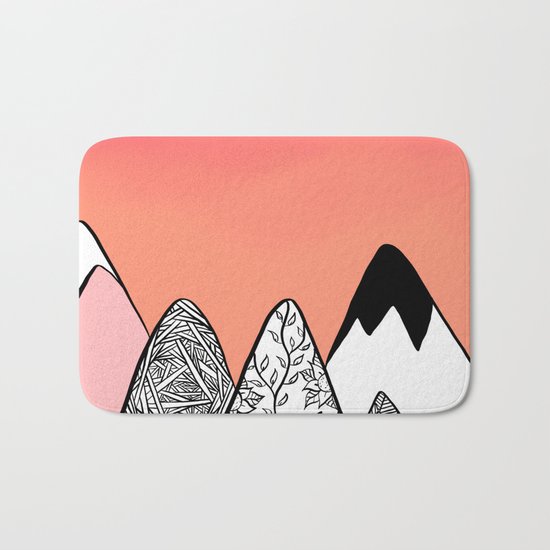 Modern abstract pink coral watercolor sky black white geometric floral mountains illustration Bath Mat