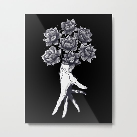 Hand with lotuses on black Metal Print