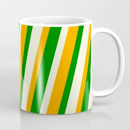 [ Thumbnail: Beige, Orange & Green Colored Lined/Striped Pattern Coffee Mug ]