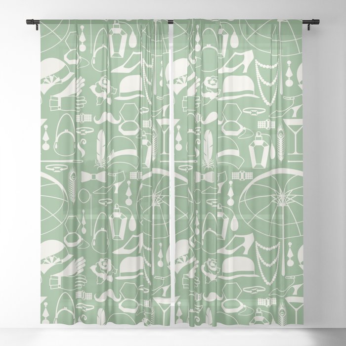 White Old-Fashioned 1920s Vintage Pattern on Vintage Green Sheer Curtain