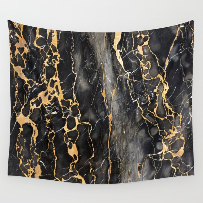 Black + Gold Marble Stone Classic Stylish Abstract Modern Artwork Wall Tapestry