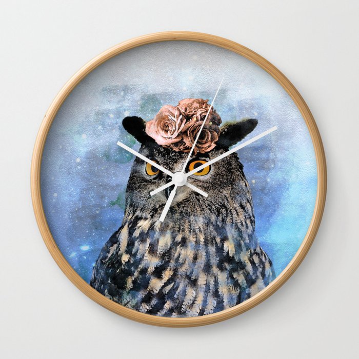 Painting of cute owl with flowers on his head (blue background) - nature Wall Clock