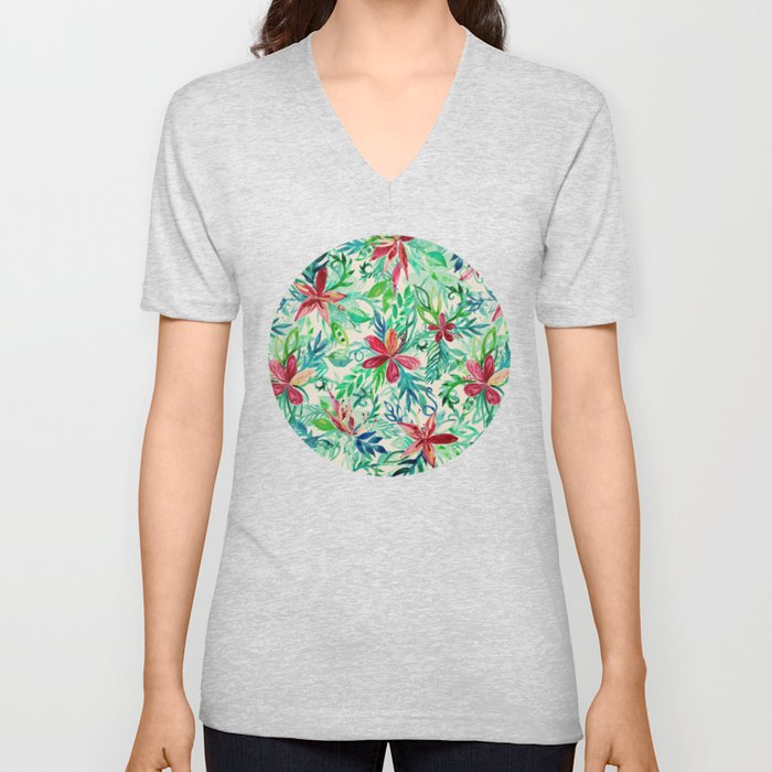 Vintage Tropical Floral - a watercolor pattern V Neck T Shirt