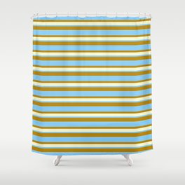 [ Thumbnail: Light Sky Blue, Dark Goldenrod, and Light Yellow Colored Lined/Striped Pattern Shower Curtain ]