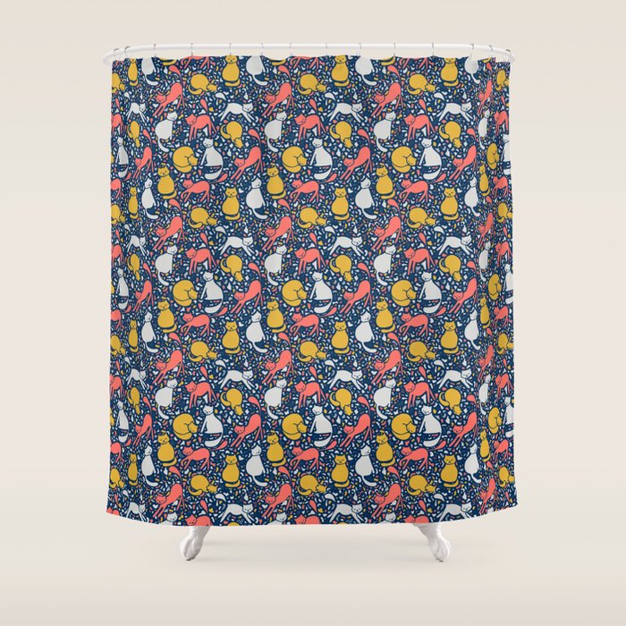 Coral Mustard Midnight Blue And Grey Cat Pattern Shower Curtain
