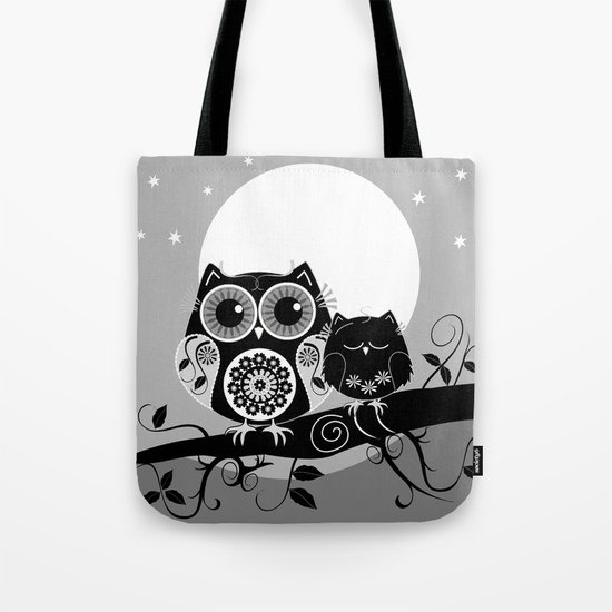 B&W Flower power Owl and her Sleepy Baby Tote Bag