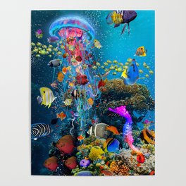 Electric Jellyfish at a Reef Poster