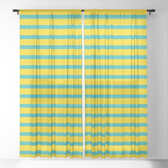 Light Sea Green and Yellow Colored Stripes Pattern Sheer Curtain