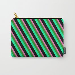 [ Thumbnail: Hot Pink, Forest Green, Green & Black Colored Striped Pattern Carry-All Pouch ]