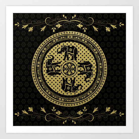Indian Elephants Flourish Black Gold Art Print