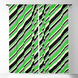 [ Thumbnail: Dark Grey, Lime Green, Light Yellow, and Black Colored Pattern of Stripes Blackout Curtain ]