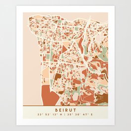 BEIRUT LEBANON CITY MAP EARTH TONES Art Print