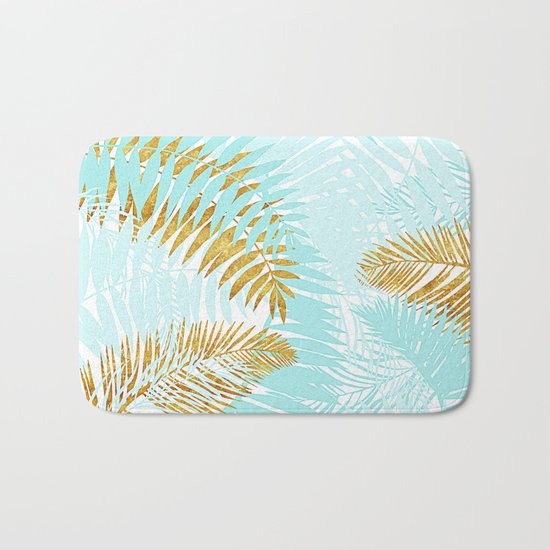 Aloha- Tropical Palm Leaves and Gold Metal Foil Leaf Garden Bath Mat