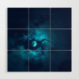 Colorful Blue Night Moon with Clouds Wood Wall Art