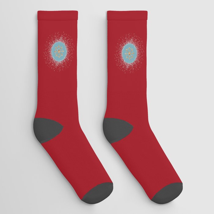 Steering Ship and Blue Circle on Red Socks
