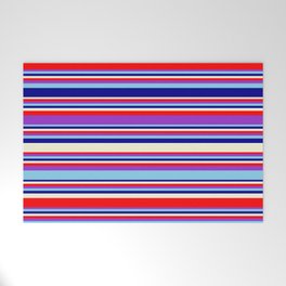 [ Thumbnail: Eye-catching Beige, Red, Dark Orchid, Sky Blue, and Dark Blue Colored Stripes/Lines Pattern Welcome Mat ]