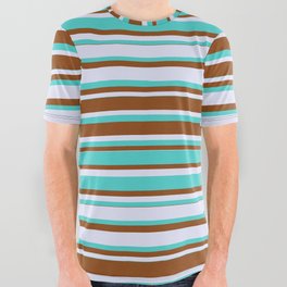 [ Thumbnail: Lavender, Turquoise, and Brown Colored Lines Pattern All Over Graphic Tee ]