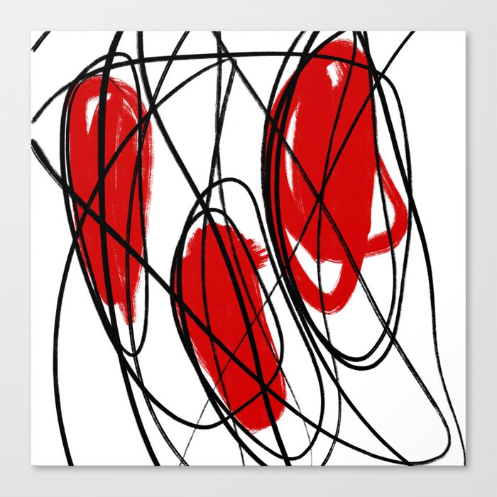 Three Circle Red, Black, and White Minimalist Abstract Linear Dot Painting Canvas Print