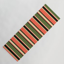 [ Thumbnail: Dark Olive Green, Tan, Red, and Black Colored Striped Pattern Yoga Mat ]