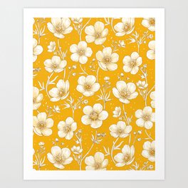 Watercolour Buttercup Flowers Gold & Cream Art Print