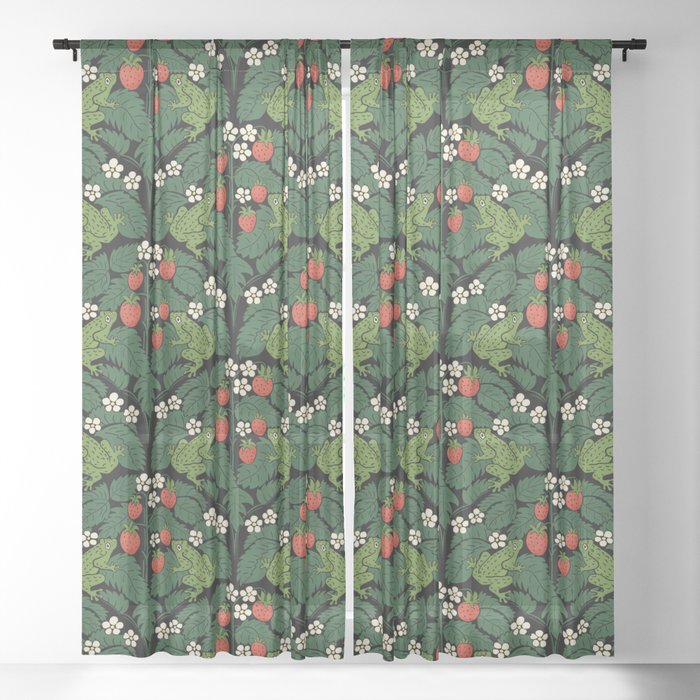 Bullfrogs And Wild Strawberries On Black Sheer Curtain