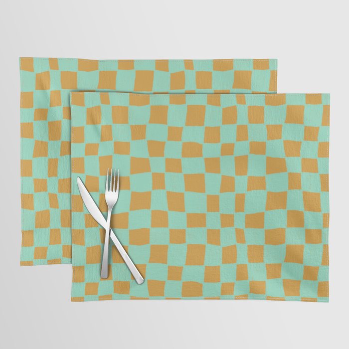 Funky Hand-Drawn Checkerboard \\ Orange & Teal Color Palette Placemat