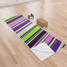 [ Thumbnail: Chartreuse, Lavender, Indigo, Orchid & Black Colored Striped/Lined Pattern Yoga Towel ]