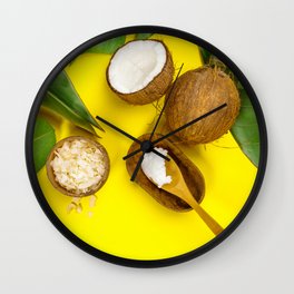 Coconut oil, tropical leaves and fresh coconuts, top view Wall Clock | Leaves, Bodycare, Photo, Jungle, Coconut, Spa, Beauty, Coconutoil, Products, Yellowbackground 