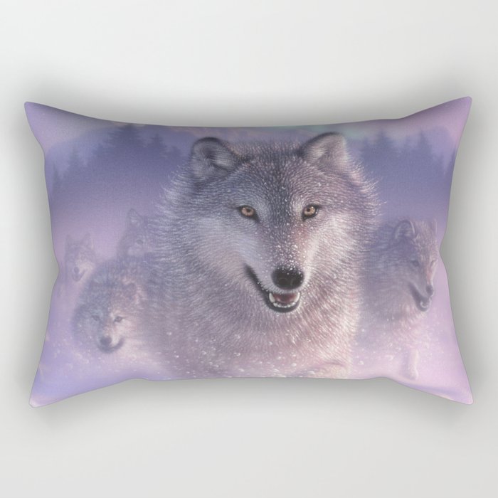Wolf Pack Running - Northern Lights Rectangular Pillow