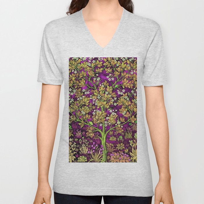 William Morris purple amethyst tree of life motif pattern print 19th century textile for duvet, drapes, pillows, rugs, and home and wall decor V Neck T Shirt