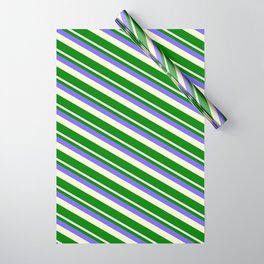 [ Thumbnail: Medium Slate Blue, Light Yellow, and Green Colored Stripes Pattern Wrapping Paper ]