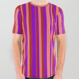 [ Thumbnail: Dark Violet, Salmon & Red Colored Stripes/Lines Pattern All Over Graphic Tee ]