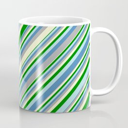 [ Thumbnail: Eye-catching Blue, Dark Gray, Light Yellow, Green, and Powder Blue Colored Lined Pattern Coffee Mug ]