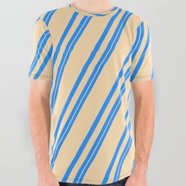 [ Thumbnail: Blue and Tan Colored Stripes Pattern All Over Graphic Tee ]